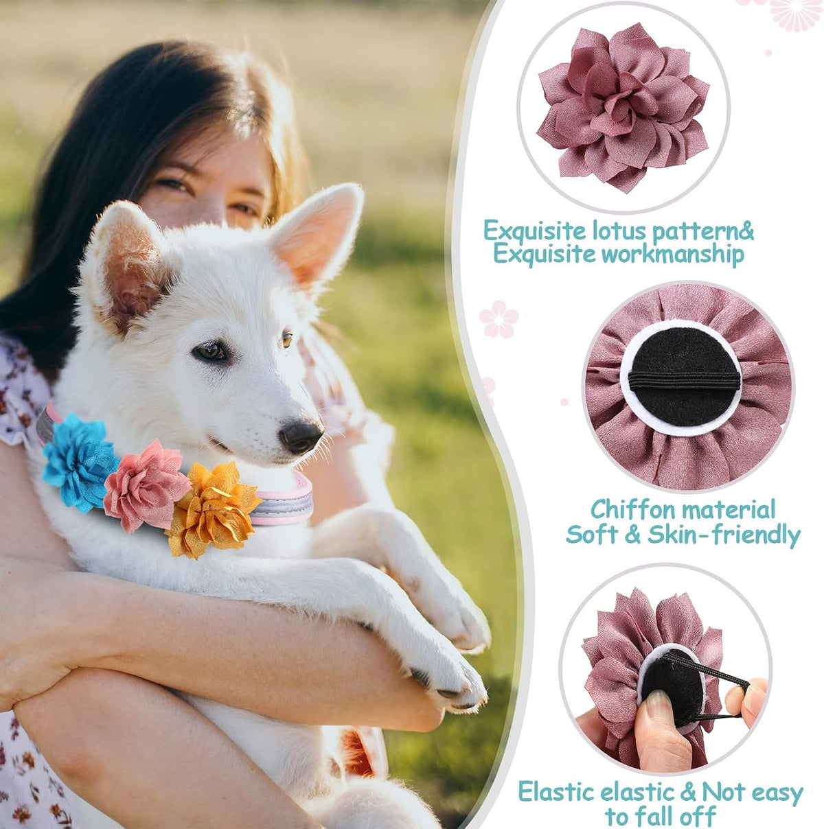 Colorful dog bow ties and lotus shape collar decorations