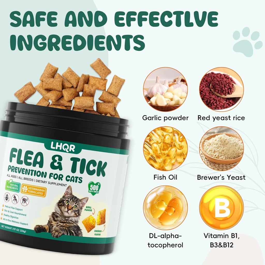 Back label of Lhqr flea and tick cat supplement showing ingredients