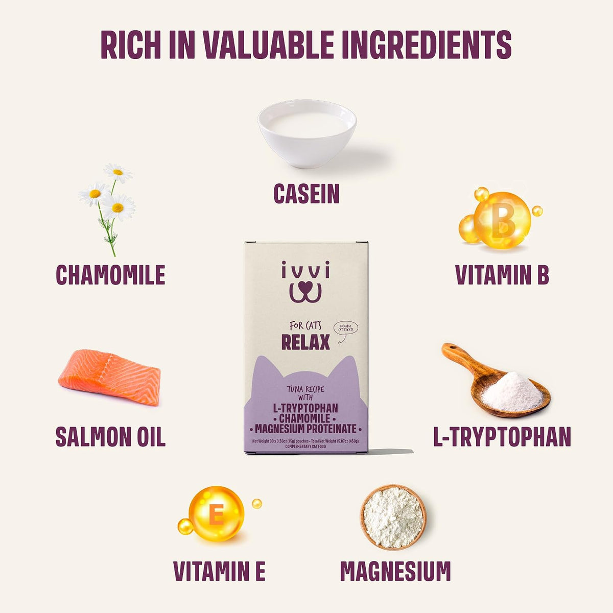 Ivvi feline anti-stress lickable treat sachet with real tuna and chamomile flavor