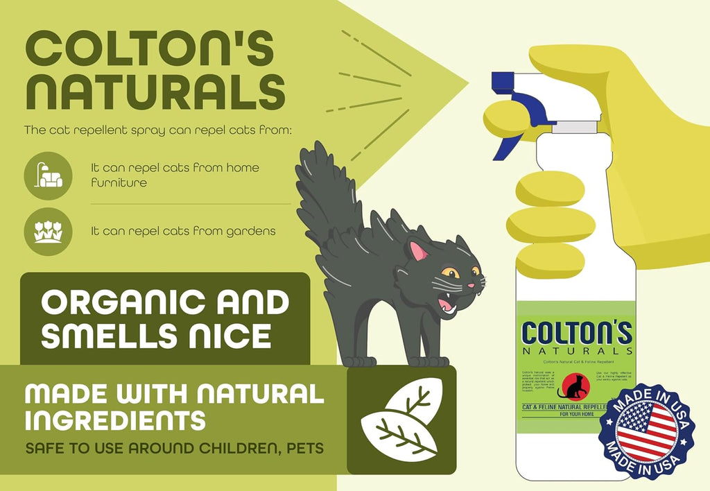 Colton's Naturals cat repellent spray placed in a garden setting