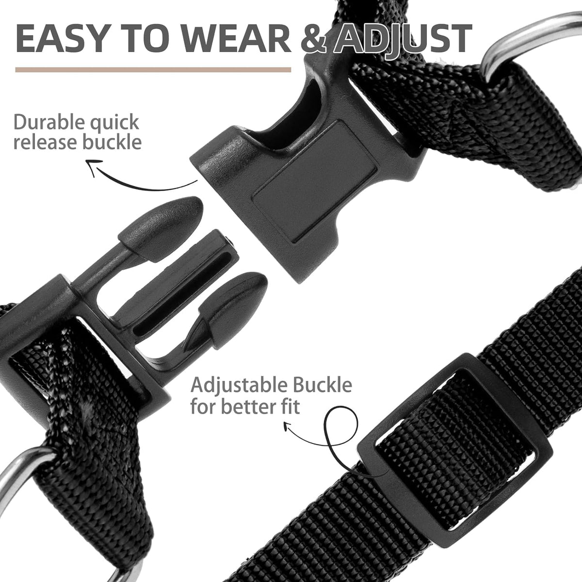 Black puppy vest harness showing quick release buckle