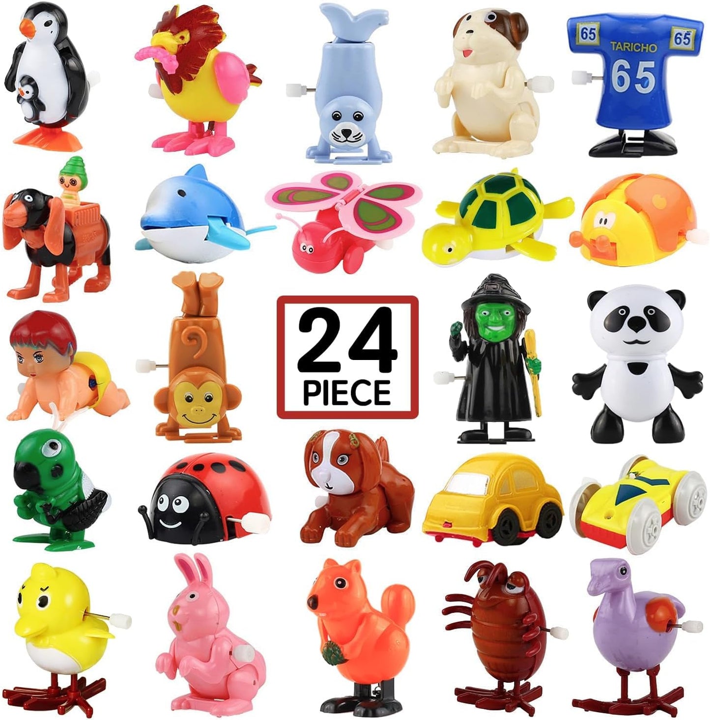 Laxdacee wind up toys twenty four pack front view showing assorted animal and vehicle figures