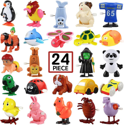 Laxdacee wind up toys twenty four pack front view showing assorted animal and vehicle figures