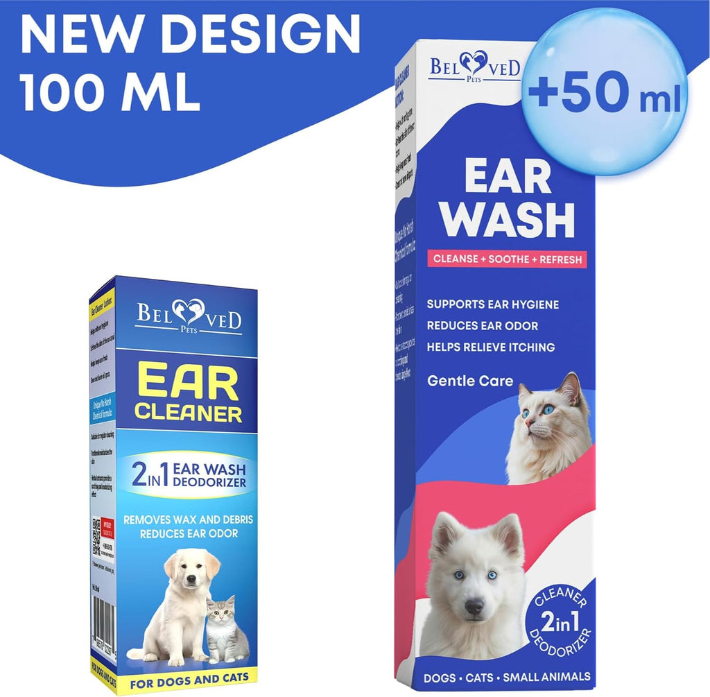 Beloved Pets ear cleaner drops next to cotton balls for pet care