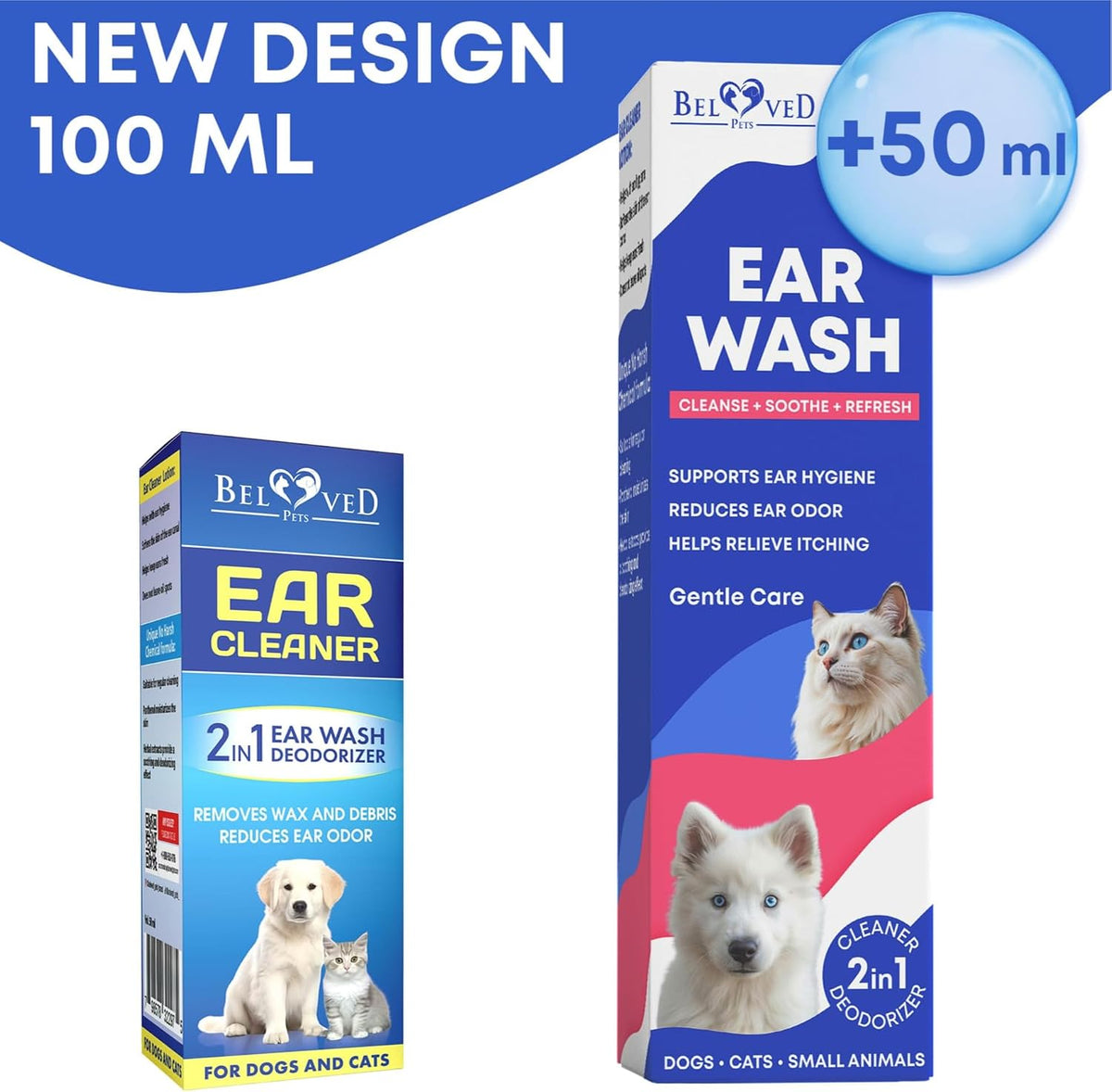 Beloved Pets ear cleaner drops next to cotton balls for pet care