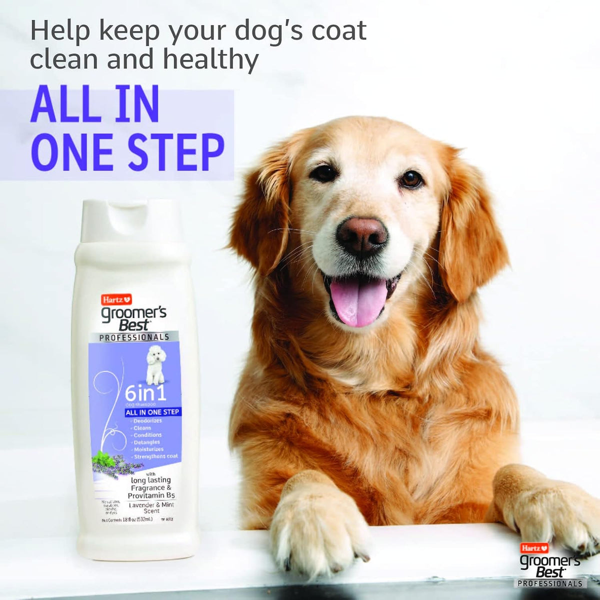 Hartz Groomers Best Professionals dog wash bottle highlighting Provitamin B5 coat strengthening benefits