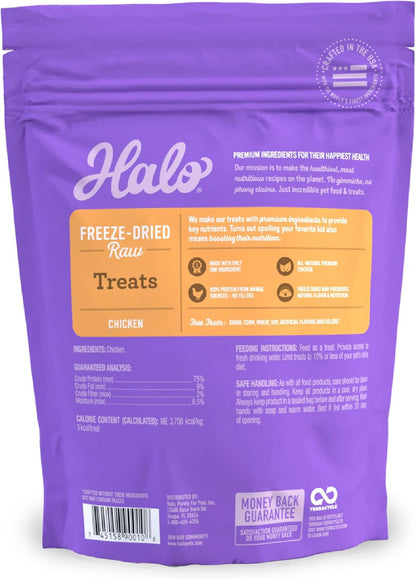 Halo freeze dried raw chicken meat treats portable jar back label