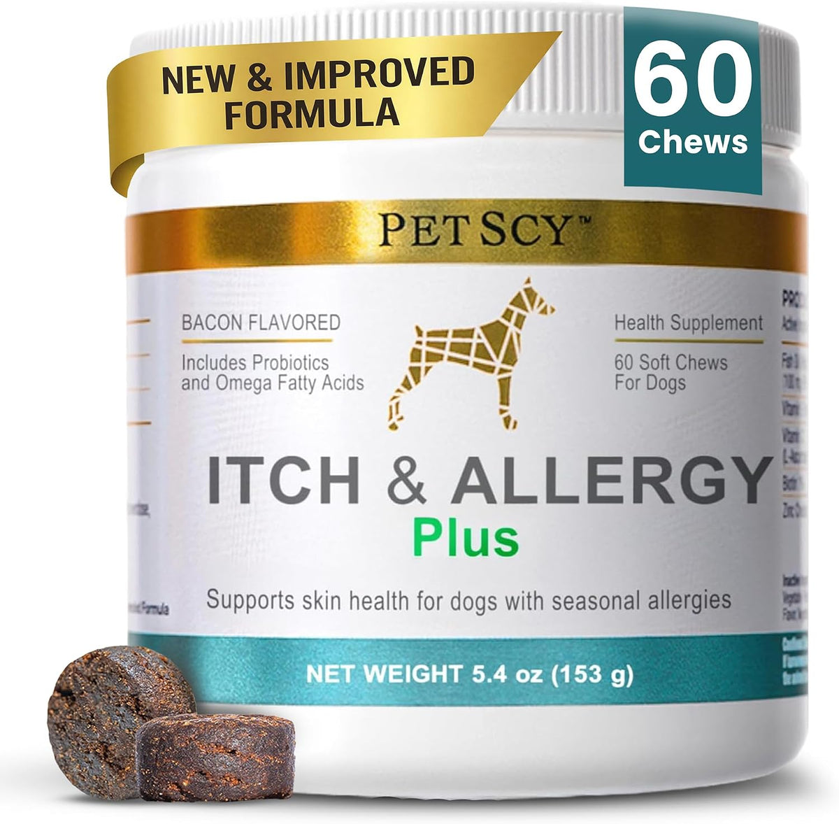 PetScy Itch and Allergy Plus dog chews front view packaging for canine skin relief