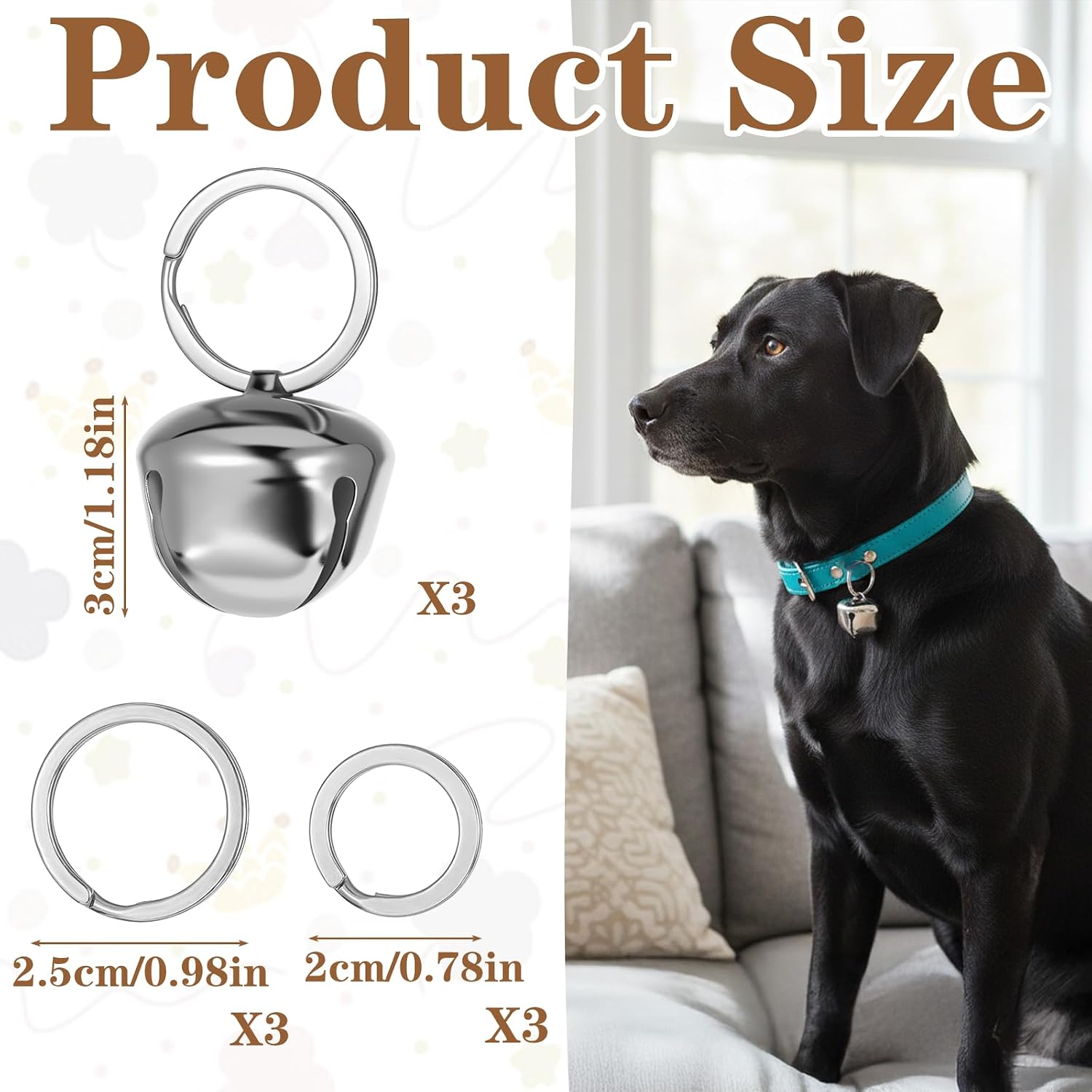 Three pieces of Qpets silver pet collar bells with cross shaped openings.