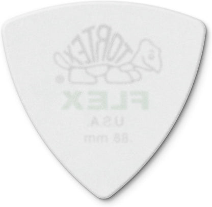 Six pack arrangement of authentic imported green triangular musical picks for guitarists.