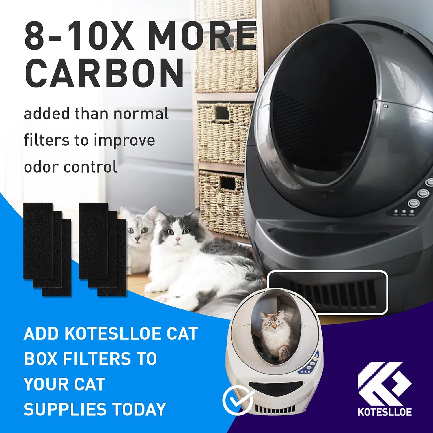 Packaging of Koteslloe pet safe activated charcoal filters designed for long lasting indoor odor control