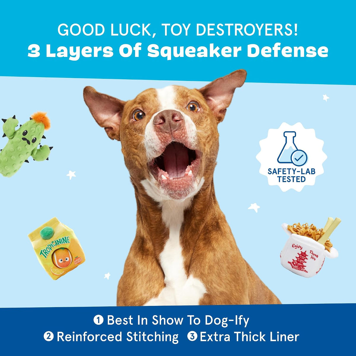 Group shot of four Barkbox plush dog toys on white background