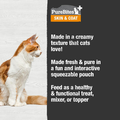 Healthy cat enjoying PureBites Squeezables topper on food