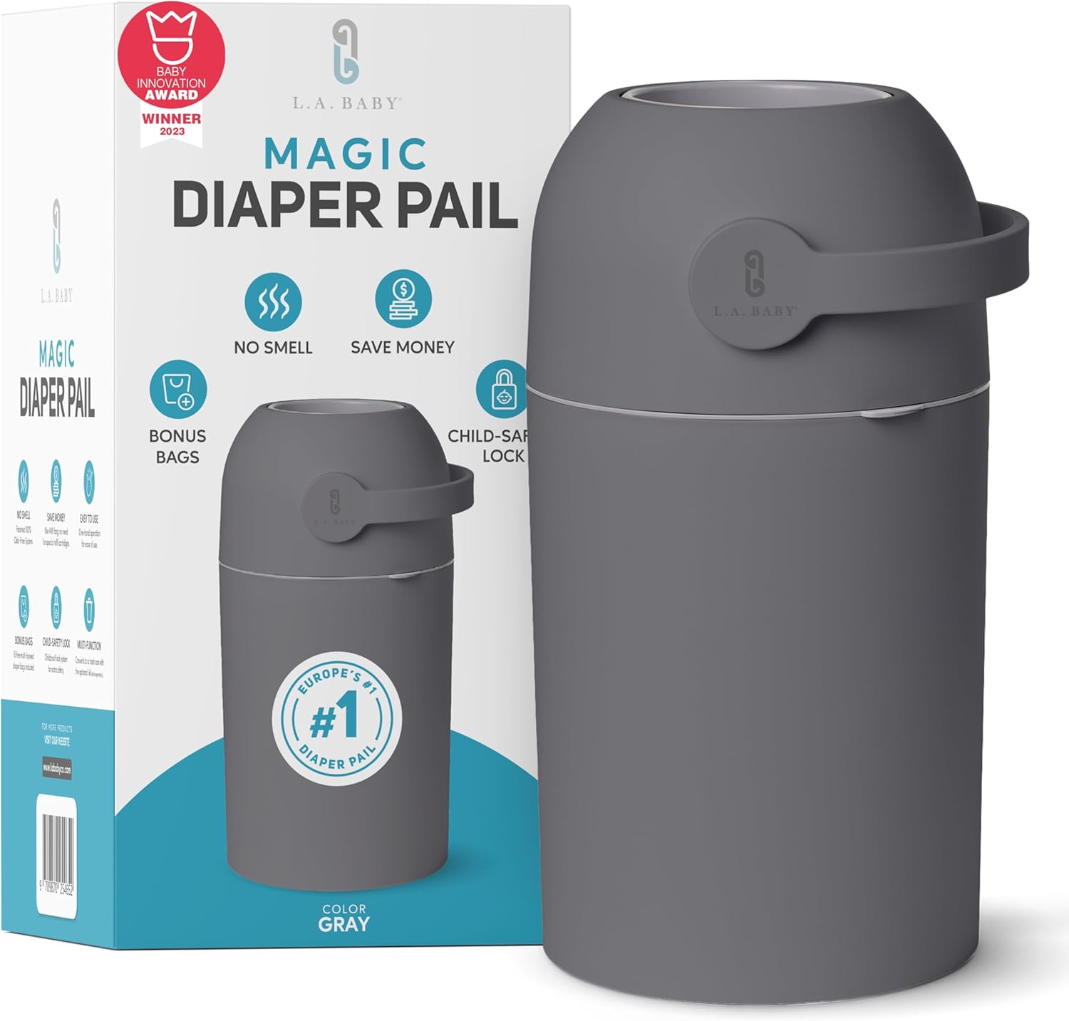 L.A. Baby Magic Diaper Pail gray front view