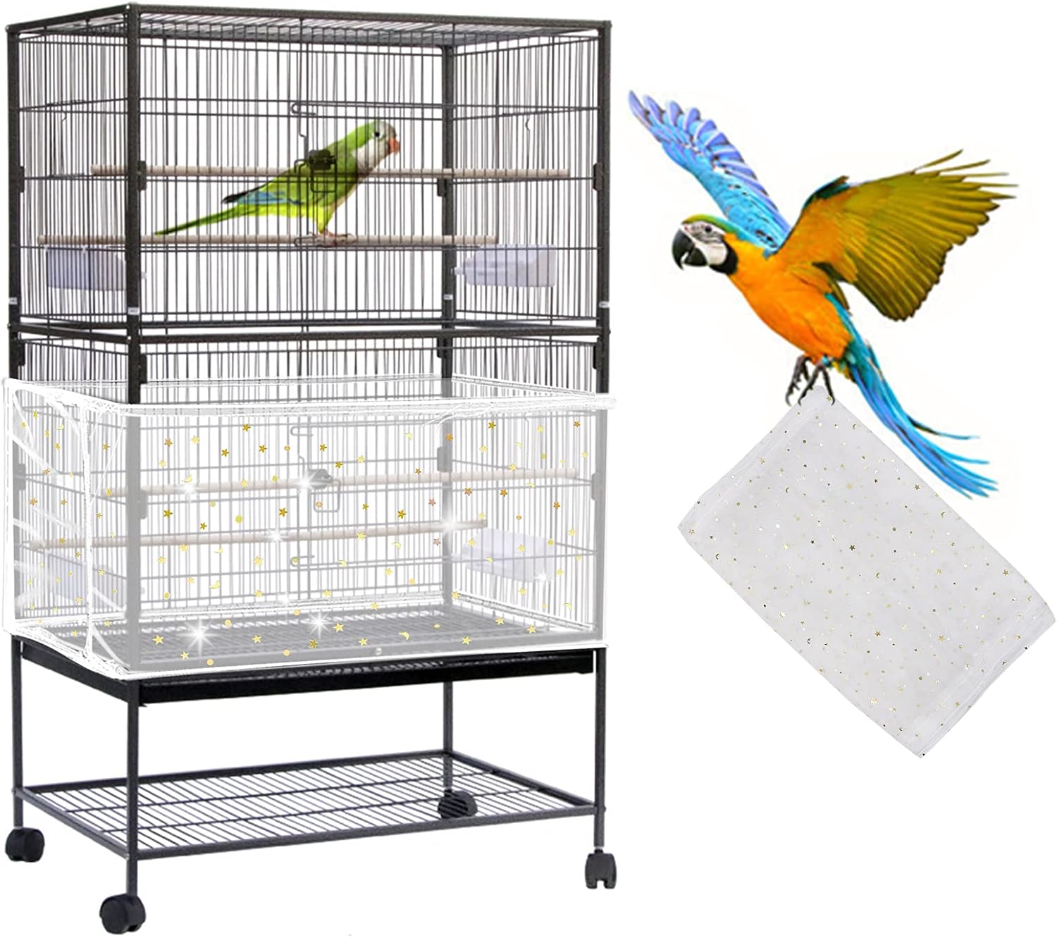 Daoeny Large Bird Cage Cover, Bird Cage Seed Catcher, Adjustable Soft Airy Nylon Mesh Net, Birdcage Cover Skirt Seed Guard for Parrot Parakeet Macaw African Round Square Cages (Black) - Image 9