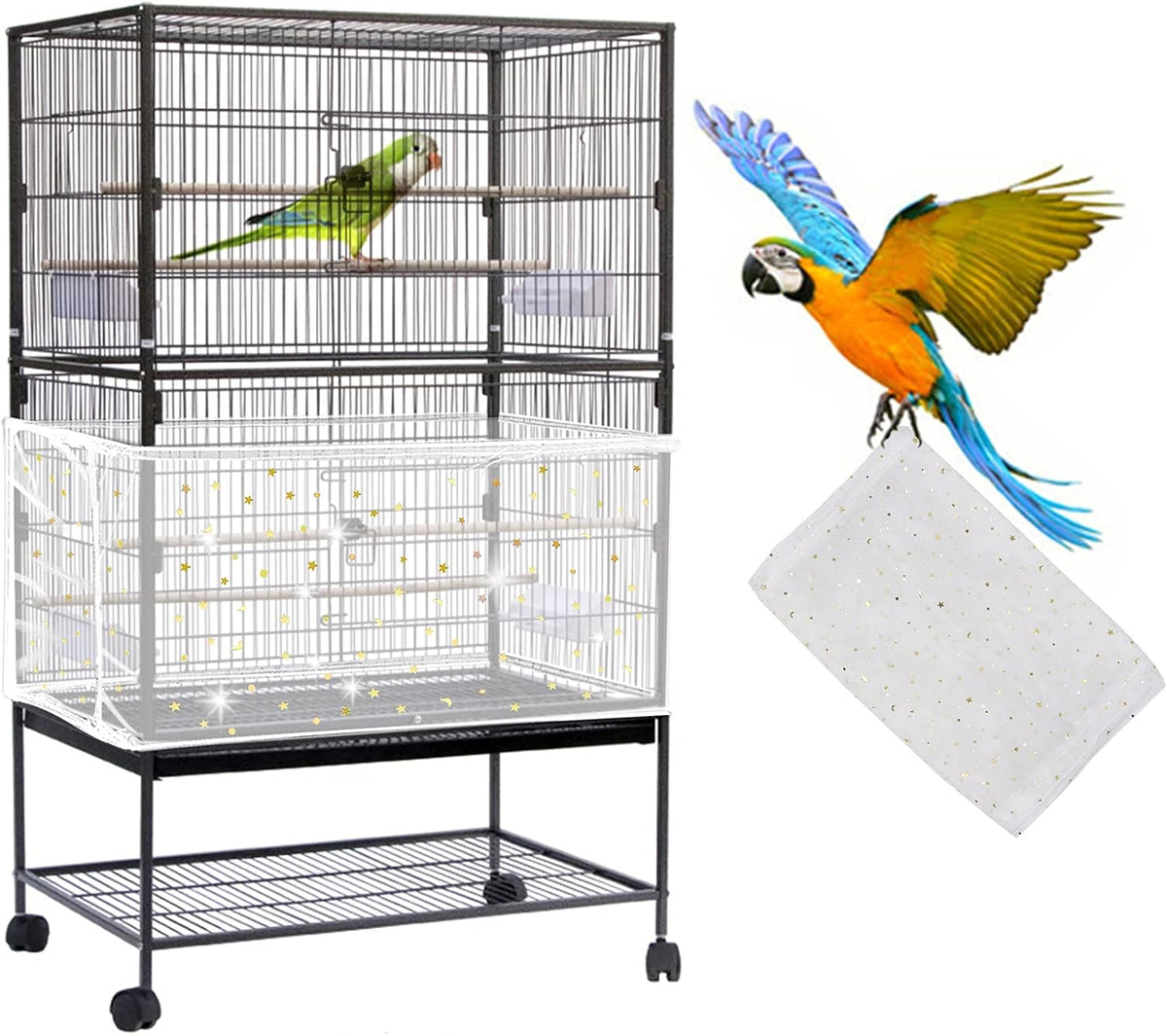 Daoeny Large Bird Cage Cover, Bird Cage Seed Catcher, Adjustable Soft Airy Nylon Mesh Net, Birdcage Cover Skirt Seed Guard for Parrot Parakeet Macaw African Round Square Cages (Black) - Image 9