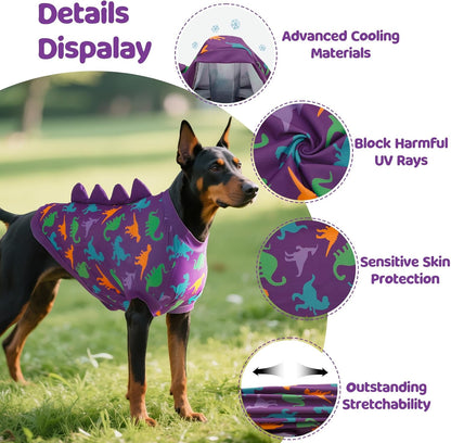Close up of the dinosaur pattern print on the UNIPUP cooling shirt.
