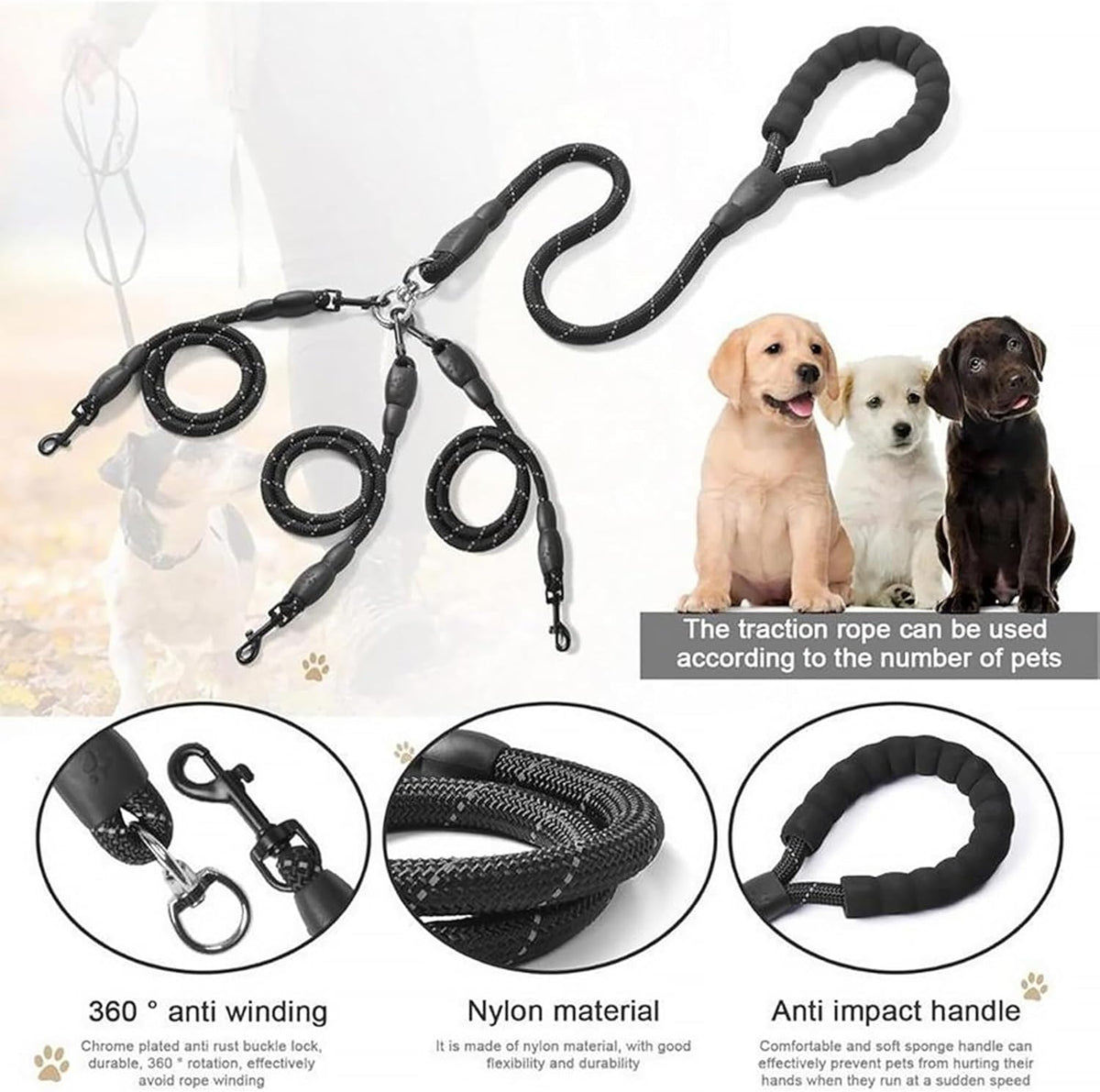 Ergonomic sponge foam padding handle of the generic multi dog training leash.