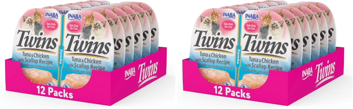 Serving suggestion of Inaba Twins poured over dry cat kibble