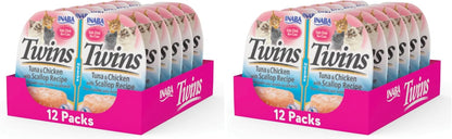 Cat enjoying Inaba Twins meal topper on dry kibble