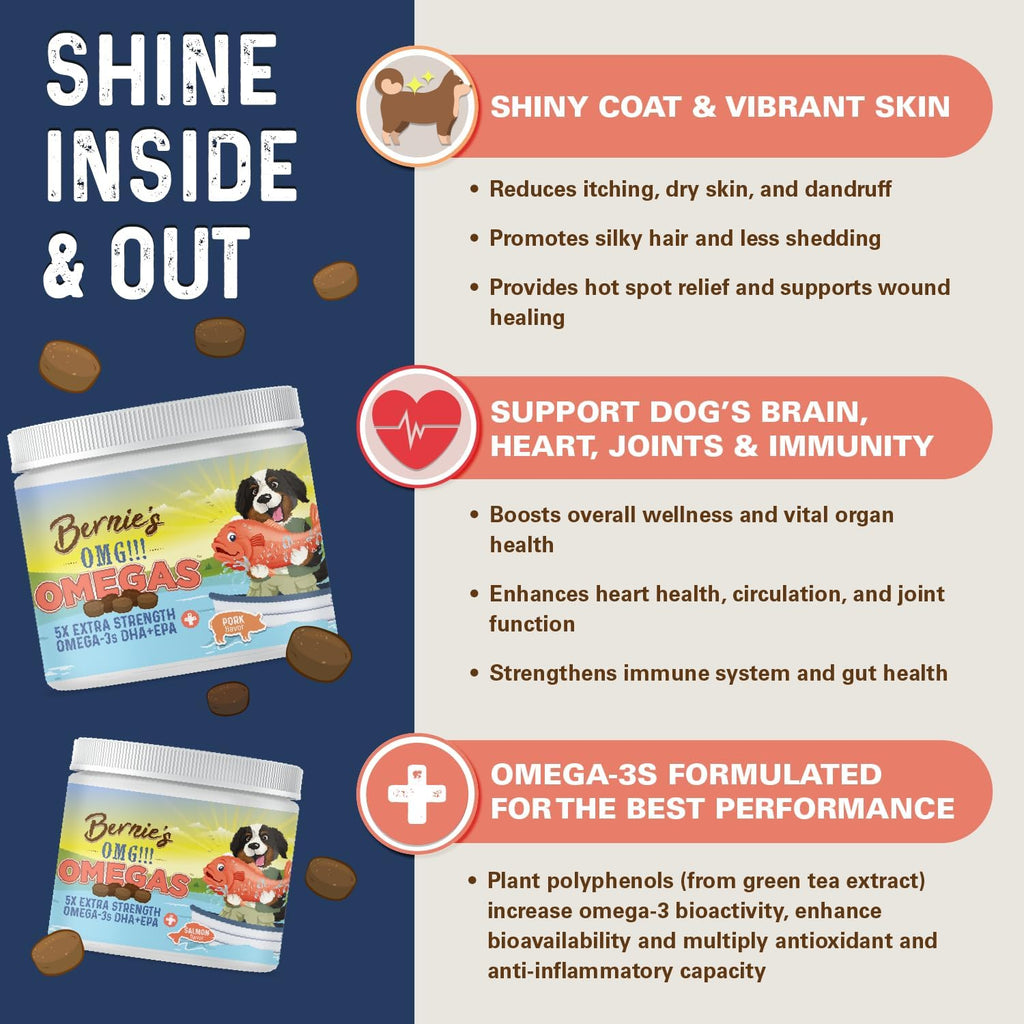 Back label details of Bernie's premium fish oil chews displaying EPA and DHA concentrations and nutritional facts.