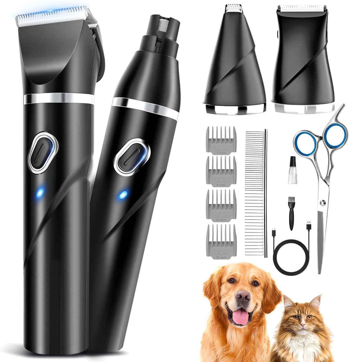 PAPMINI 4 in 1 Dog Grooming Kit front view showcasing the black cordless clipper handle with blue LED indicators.