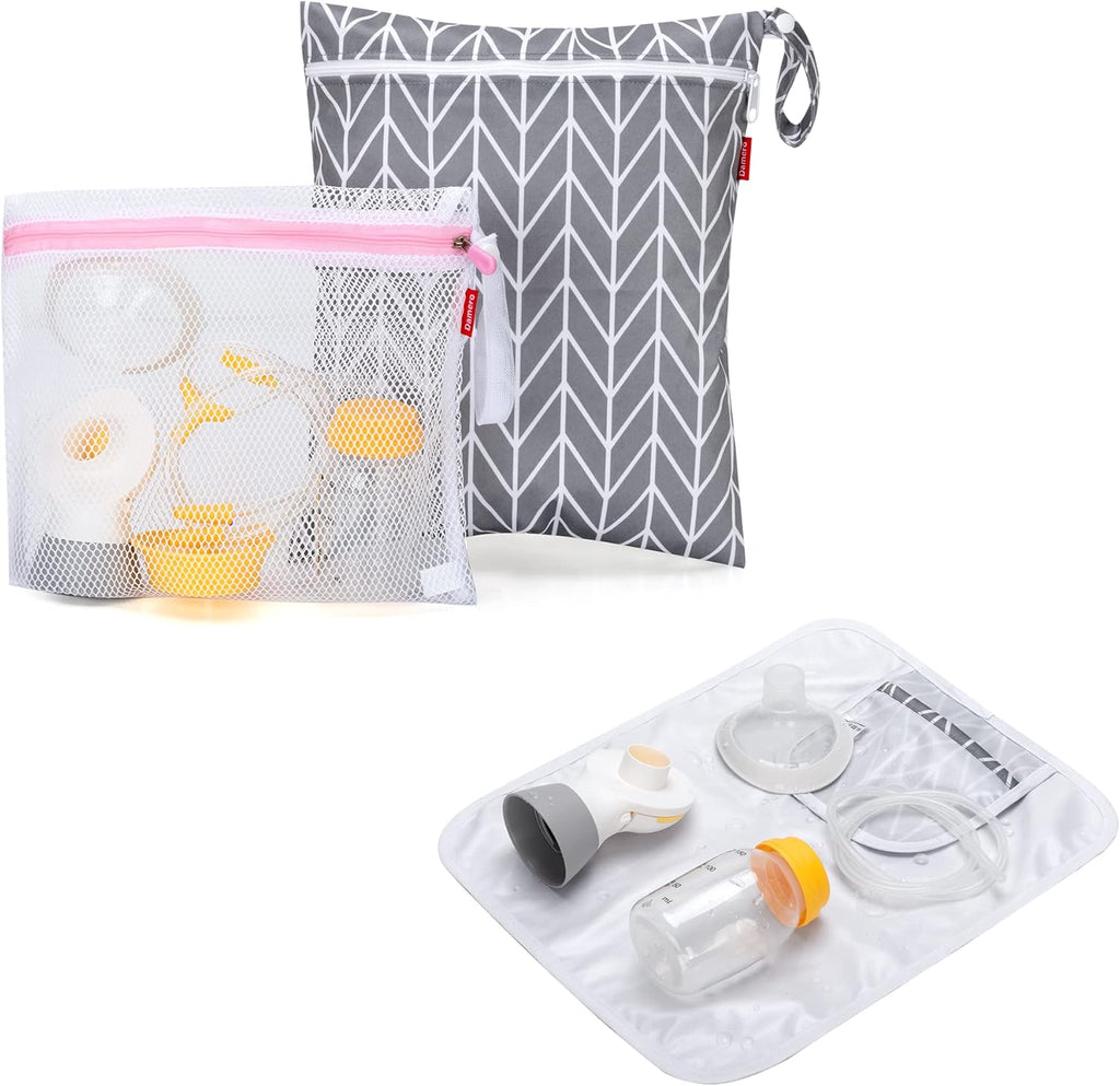Damero breast pump parts bag front view in gray arrow pattern