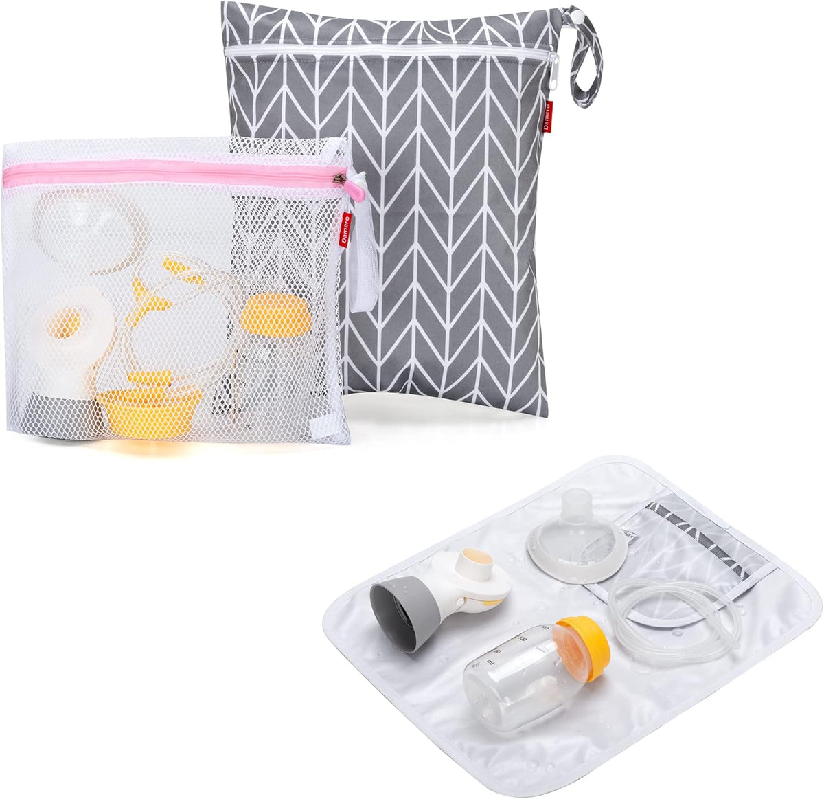 Damero breast pump parts bag front view in gray arrow pattern