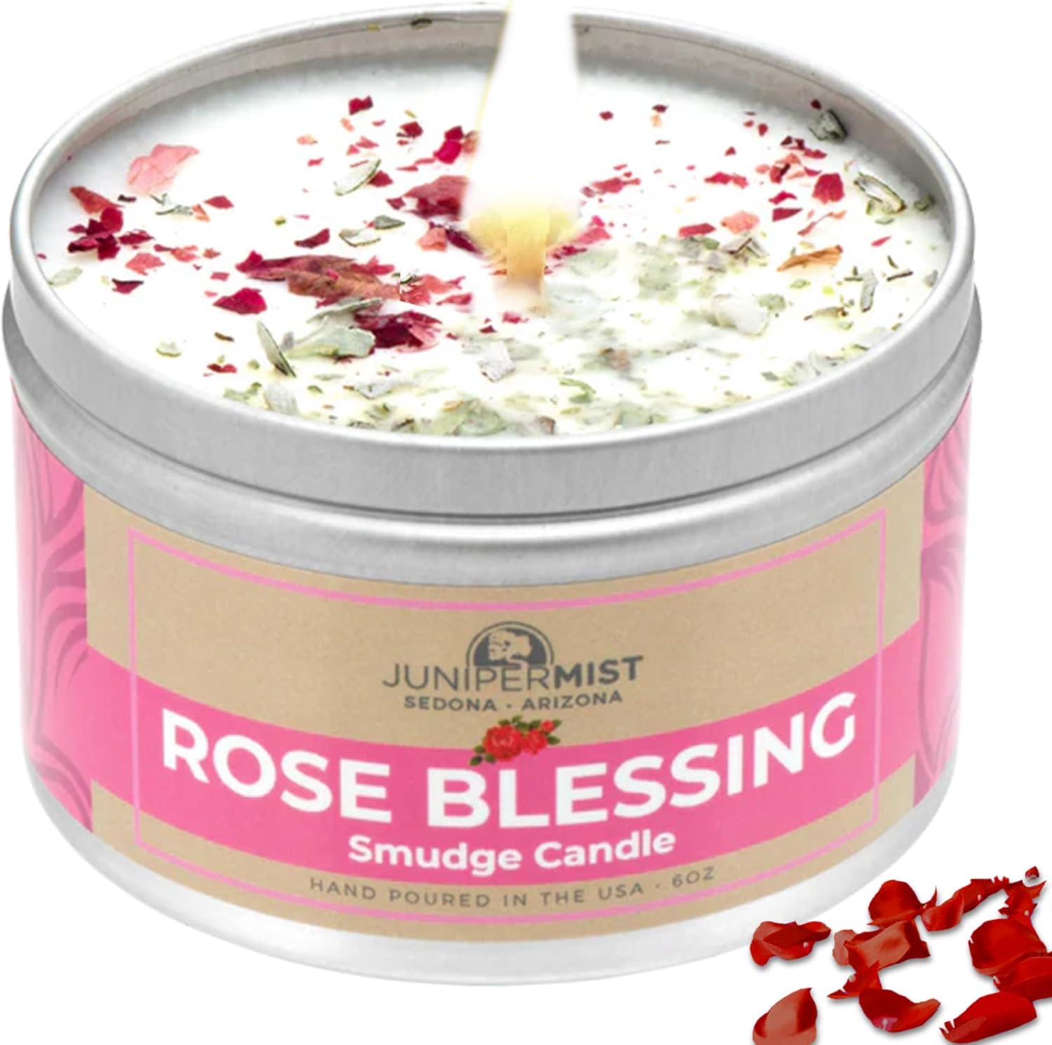 Junipermist Rose Smudge Candle 6 Ounce front view energy cleansing