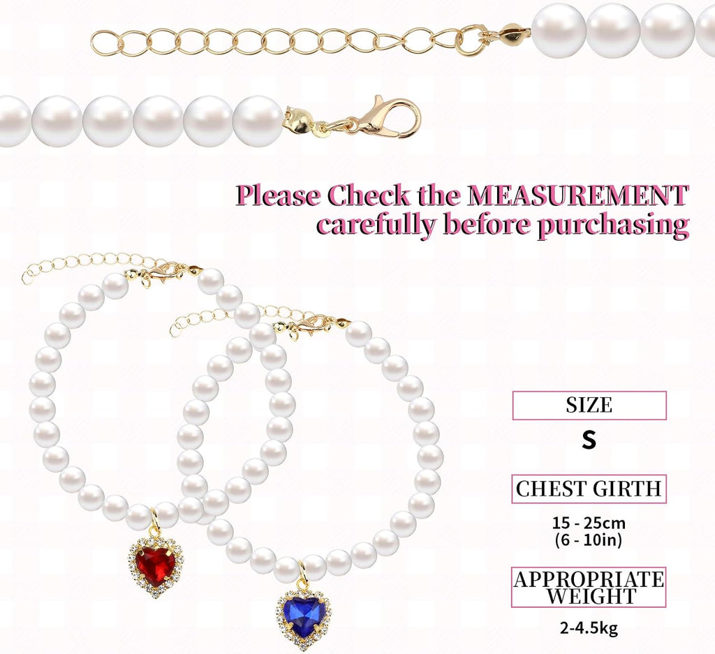 Sliverdew pet jewelry packaging displaying both blue and red heart rhinestone pearl necklaces
