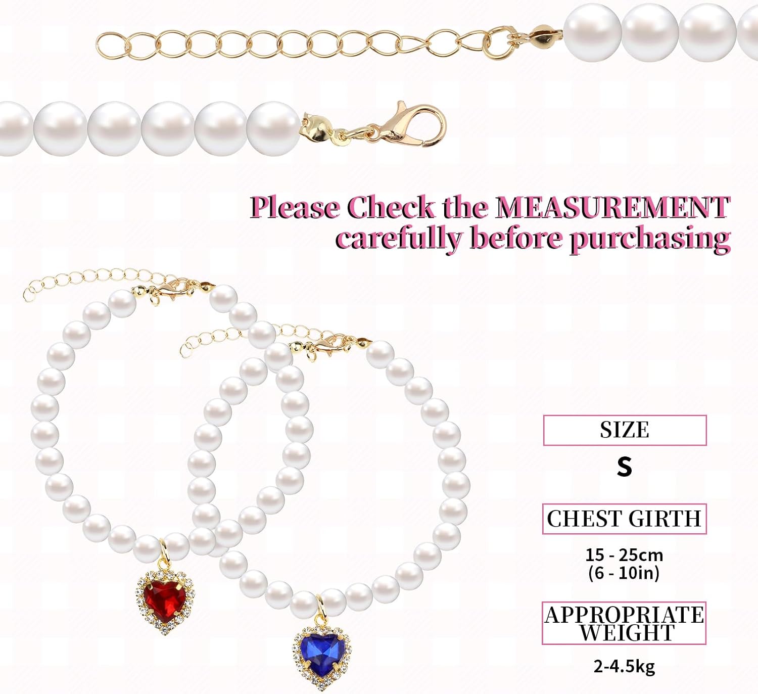 Sliverdew pet jewelry packaging displaying both blue and red heart rhinestone pearl necklaces
