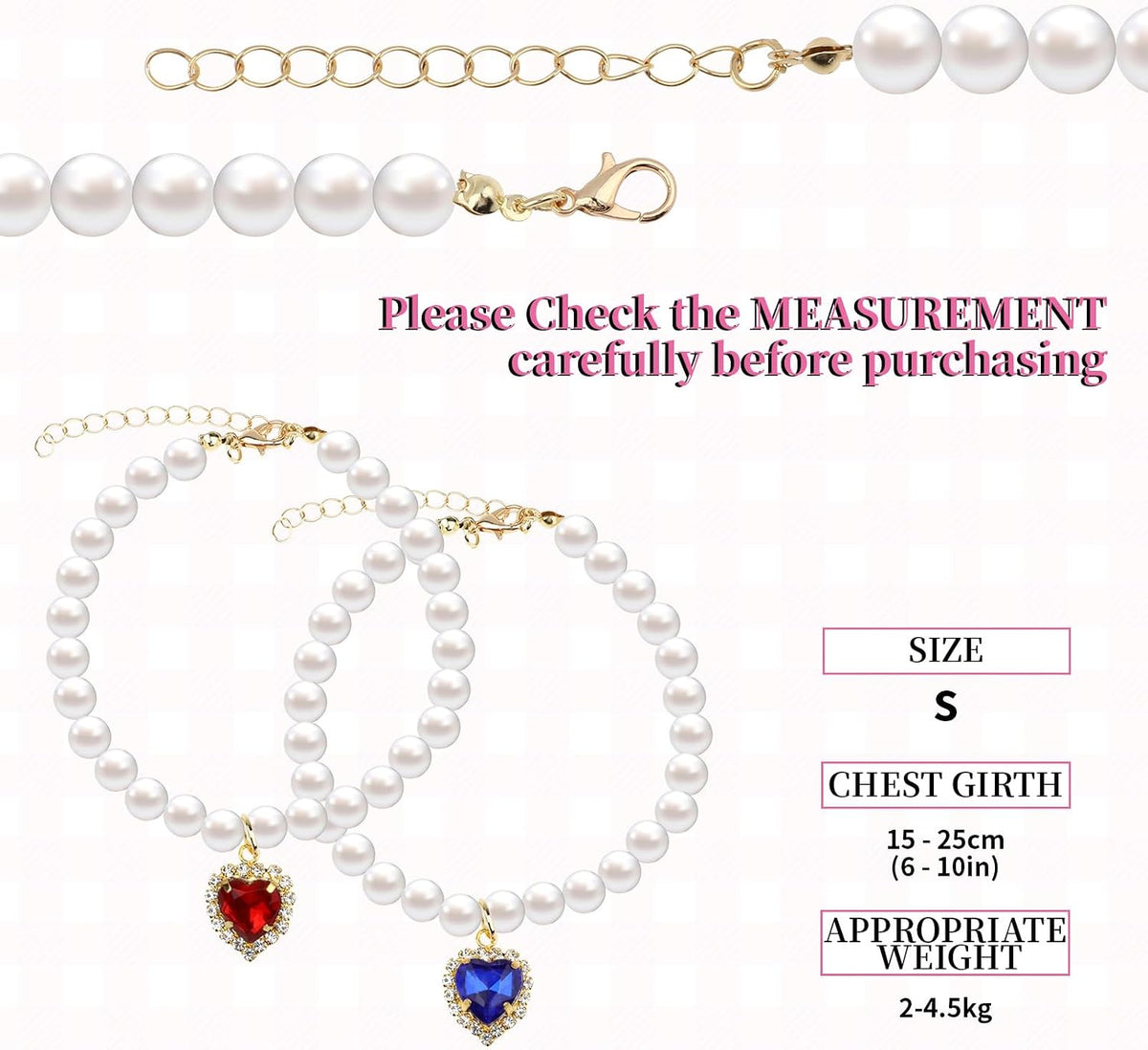 Sliverdew pet jewelry packaging displaying both blue and red heart rhinestone pearl necklaces