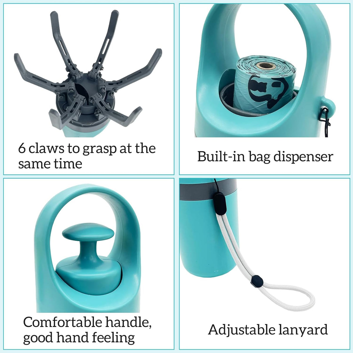 Fhiny lightweight handheld scooper attached to a dog leash via the convenient lanyard rope.