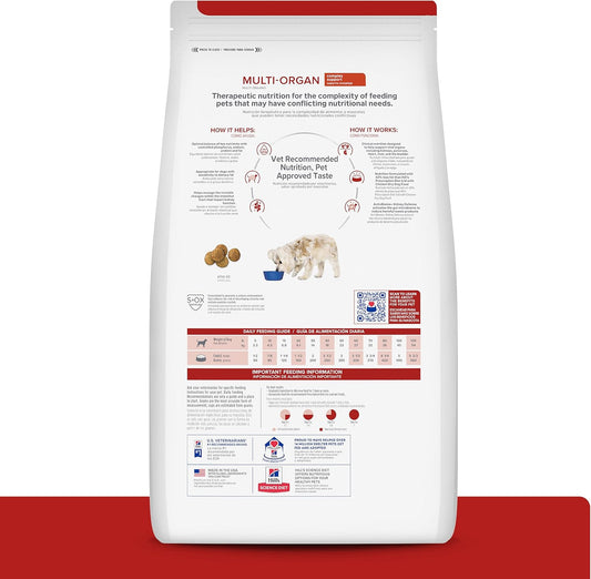Hill's Multi-Organ Support 8.5 pound bag showing product benefits and chicken flavor icon