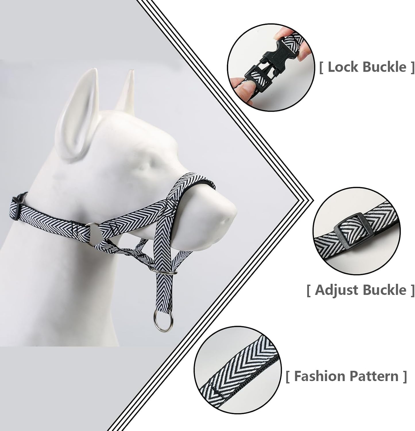 Large black and white striped dog training nose leash for walking control