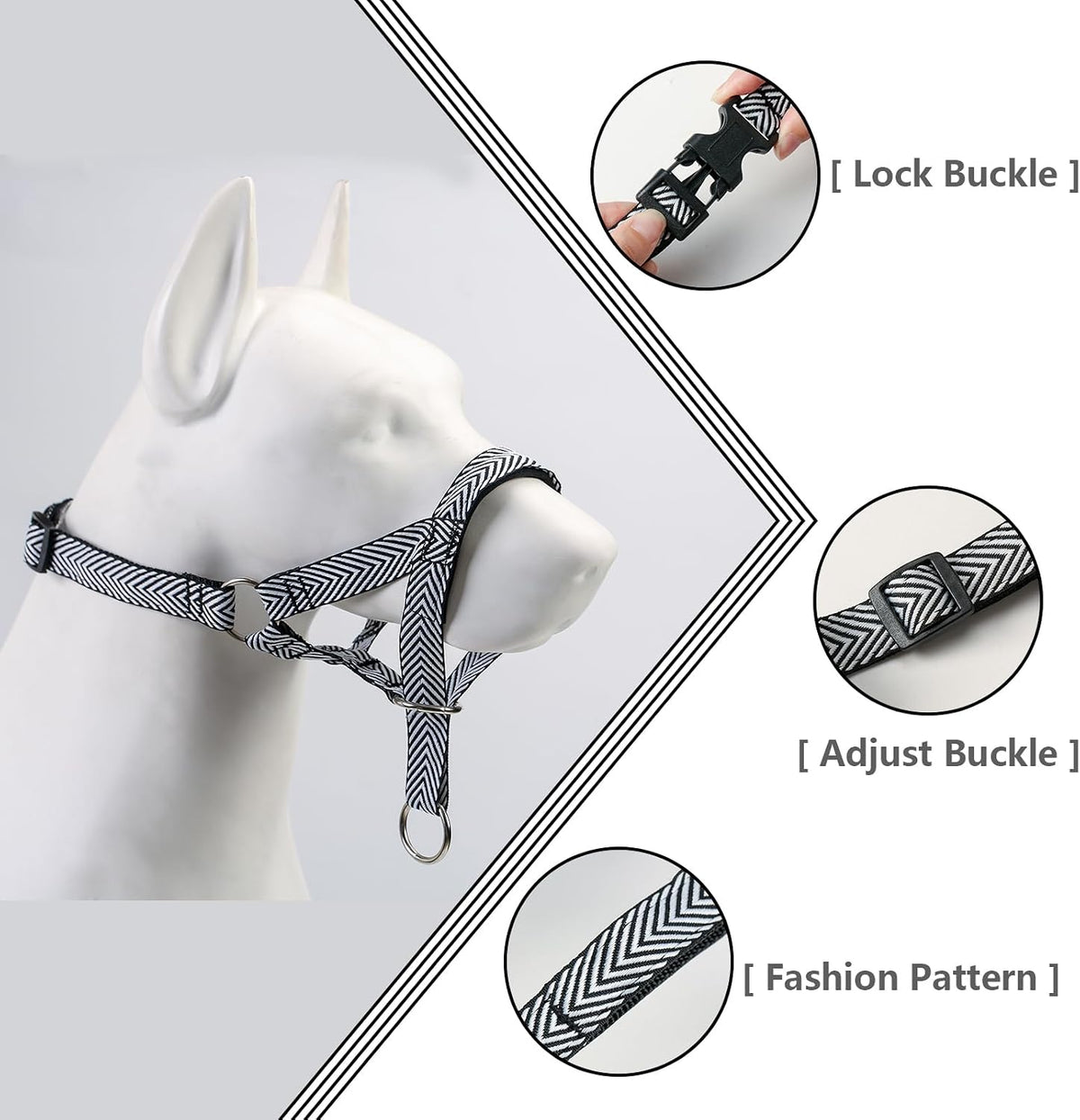 Large black and white striped dog training nose leash for walking control