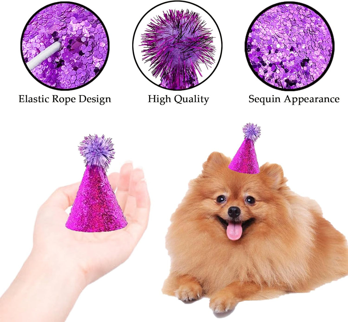 Multi-color glitter pet party hats with pom-poms