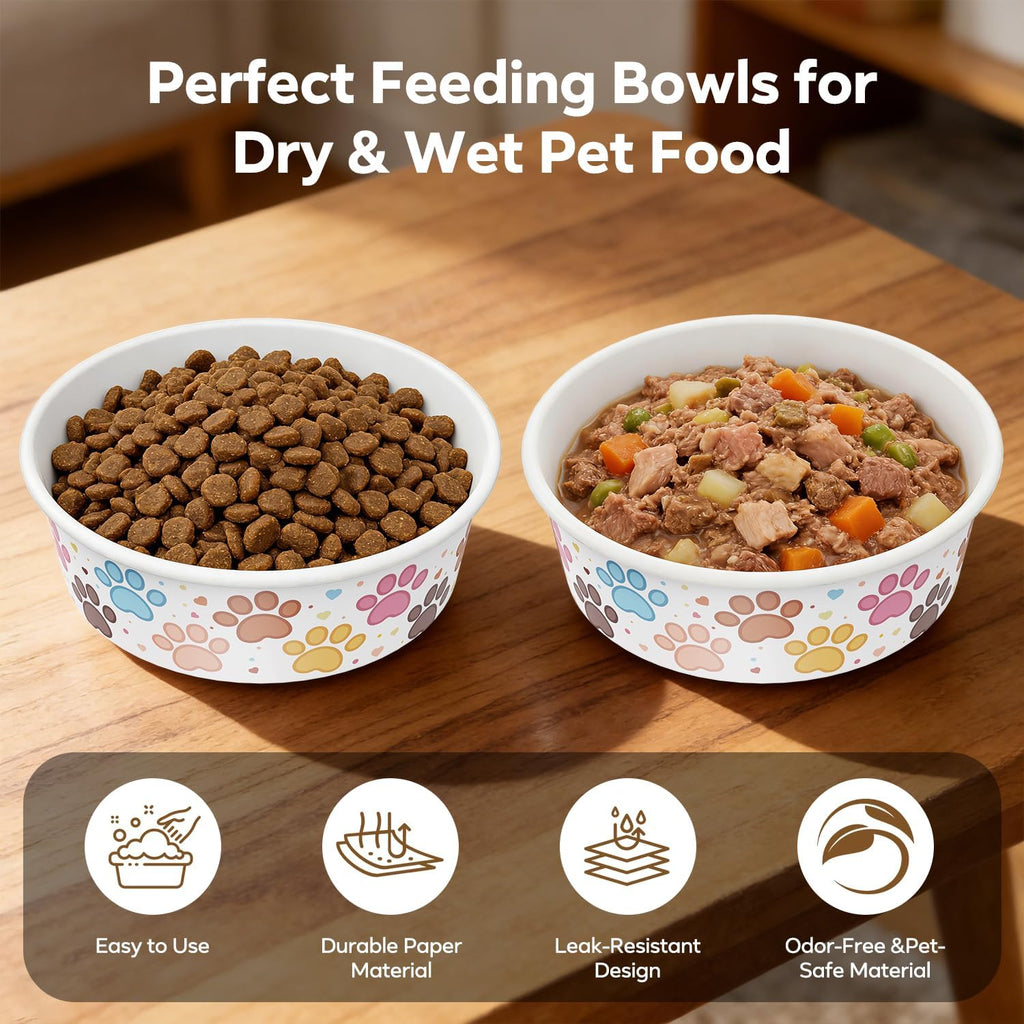 Etersky paper cat bowls filled with dry kibble on a clean floor