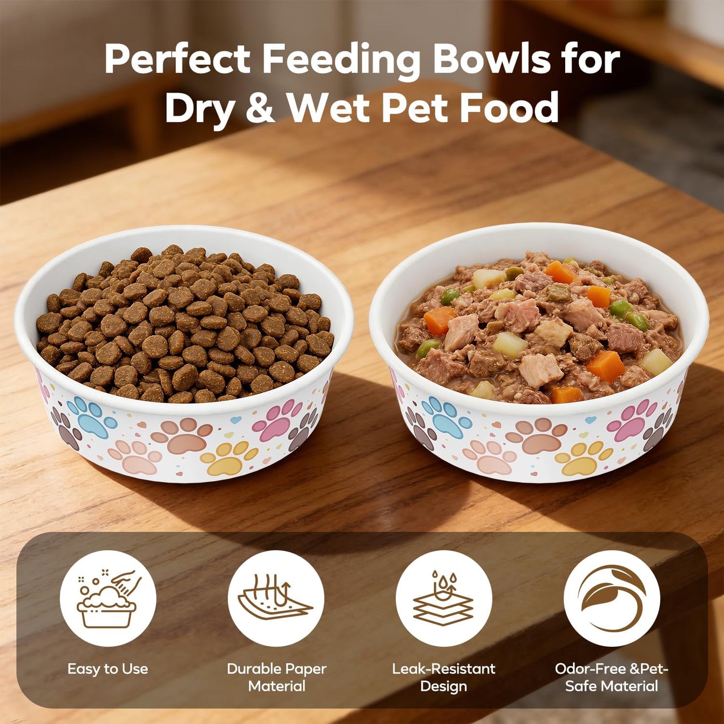 Etersky paper cat bowls filled with dry kibble on a clean floor