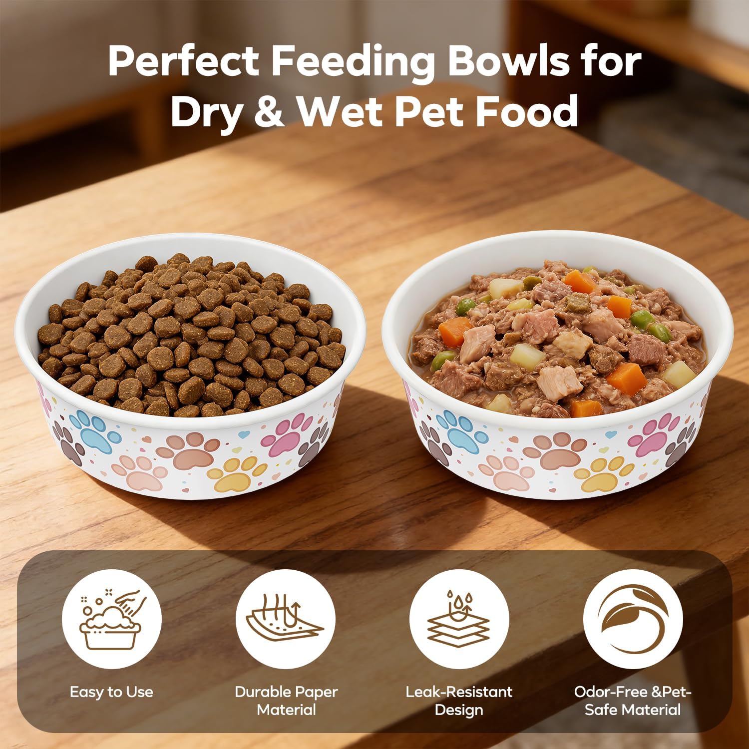 Etersky paper cat bowls filled with dry kibble on a clean floor