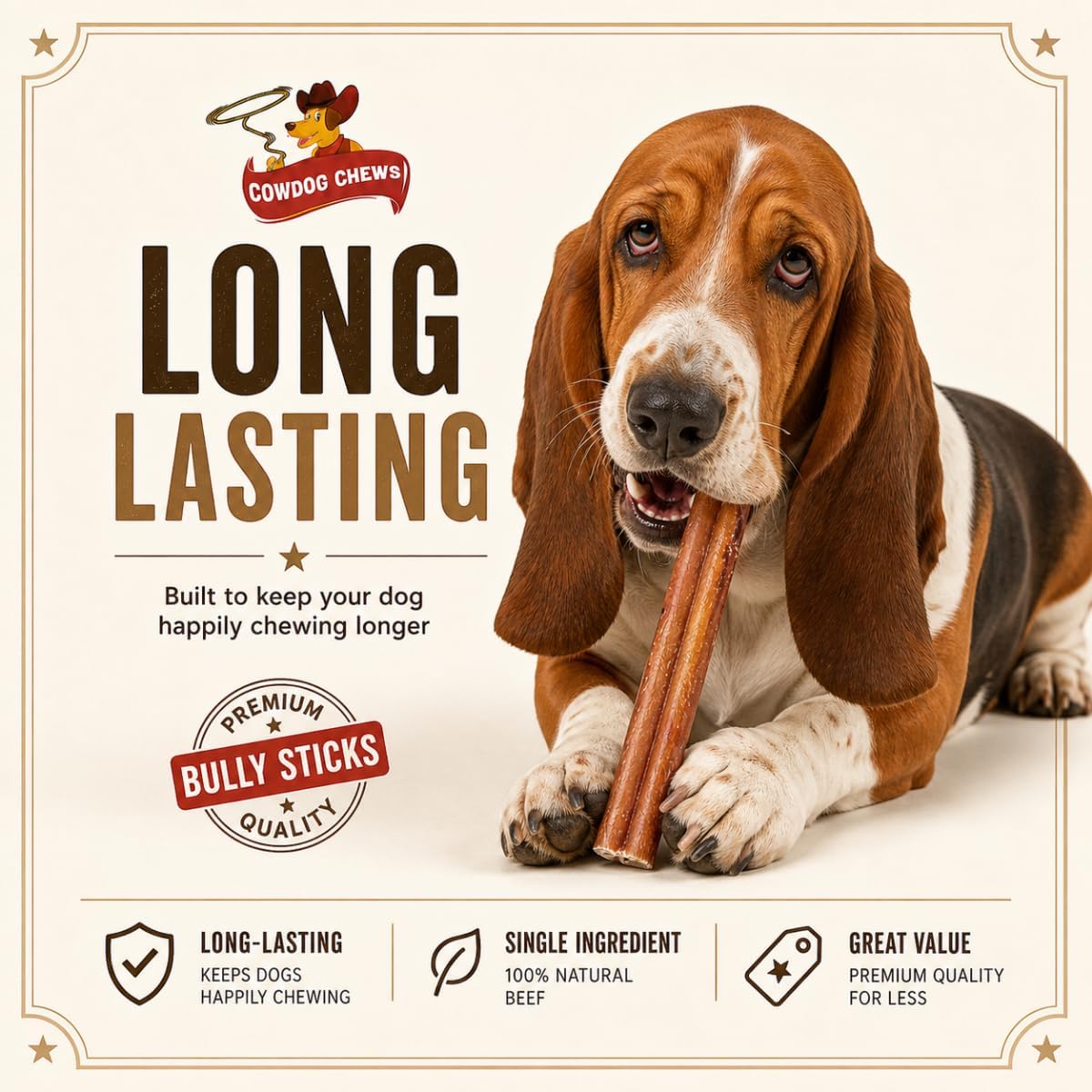 Back of packaging for Cowdog Chews natural grain free dog treats showing ingredient details.