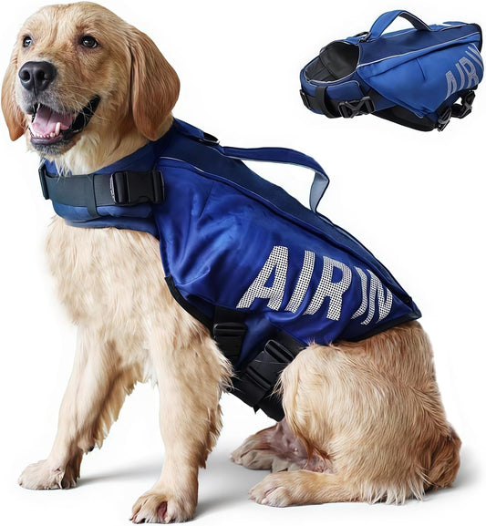 BECROWM dog life jacket medium front view on a swimming dog.