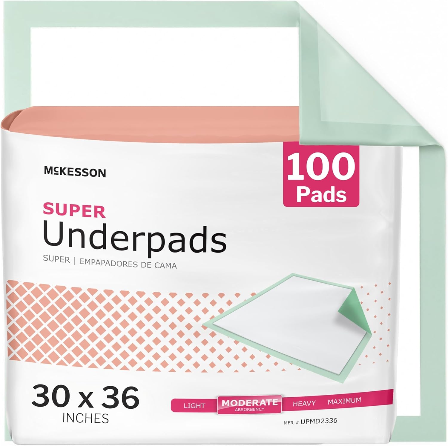 McKesson Super Underpads 100 count retail packaging front view showcasing moderate absorbency details.