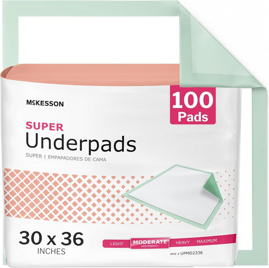 McKesson Super Underpads 100 count retail packaging front view showcasing moderate absorbency details.