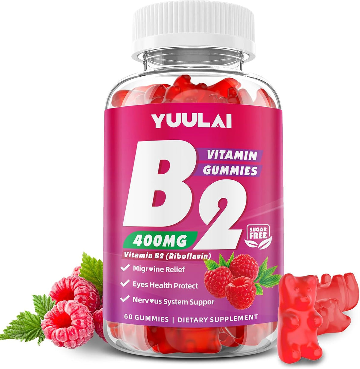 YUULAI Vitamin B2 400mg Riboflavin with Magnesium 60 Gummies front view bottle for premium wellness sourcing.