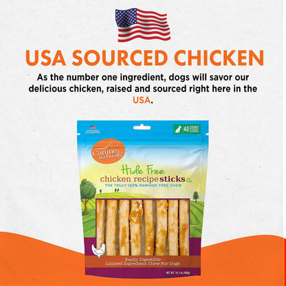 Canine Naturals packaging highlighting rawhide free benefits
