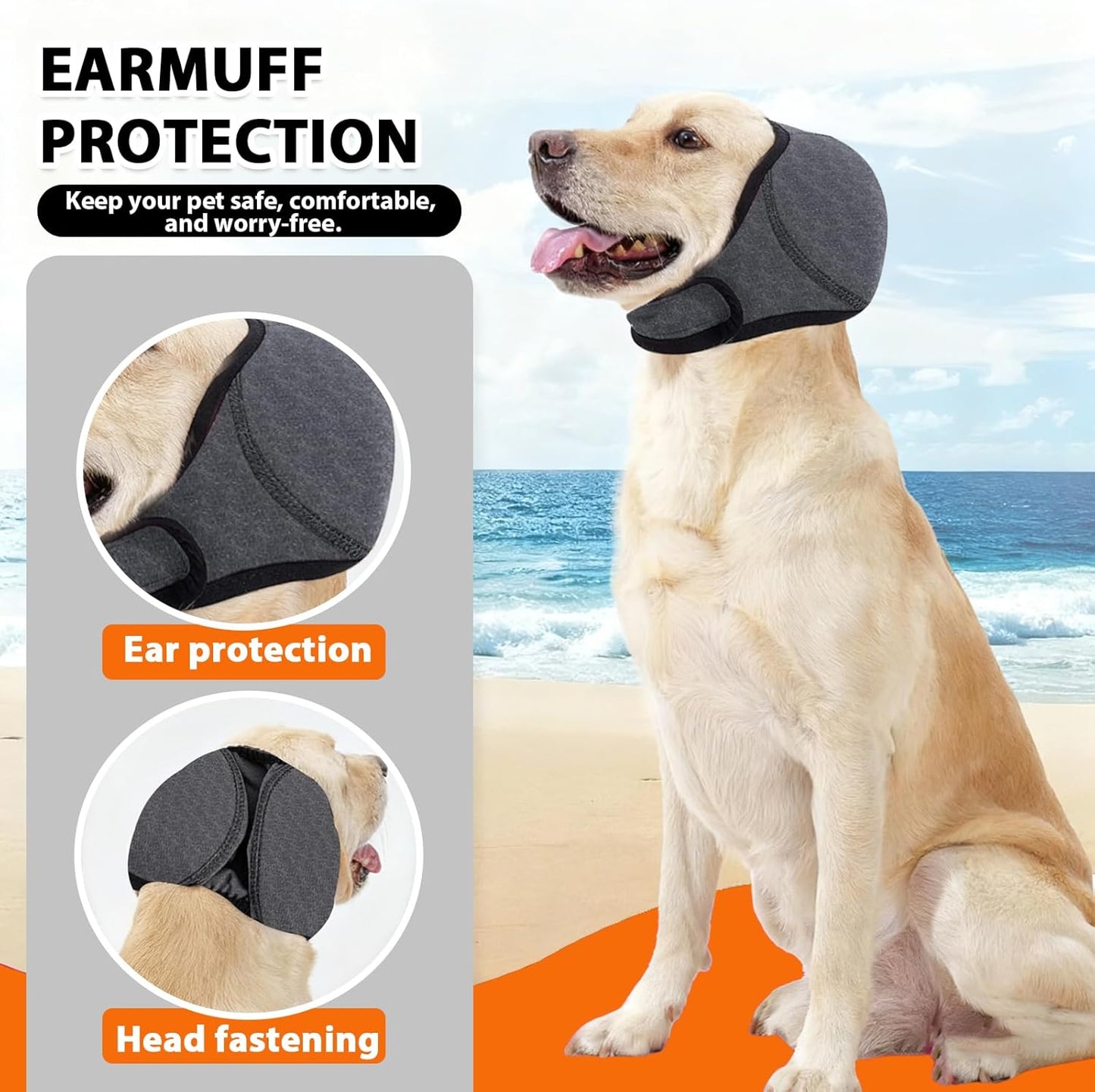 Side profile of dog in grey calming ear wrap