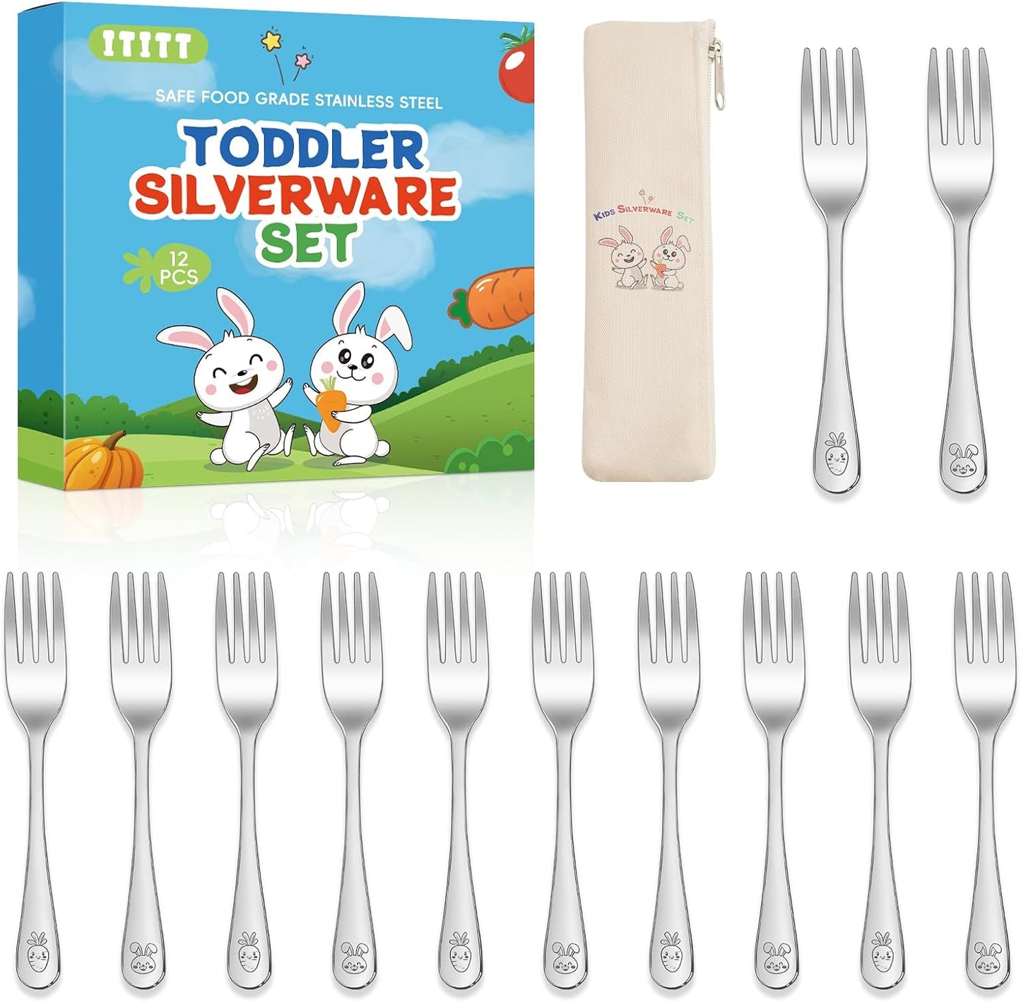 DRKIO stainless steel toddler forks 12 pieces set front view for kids silverware