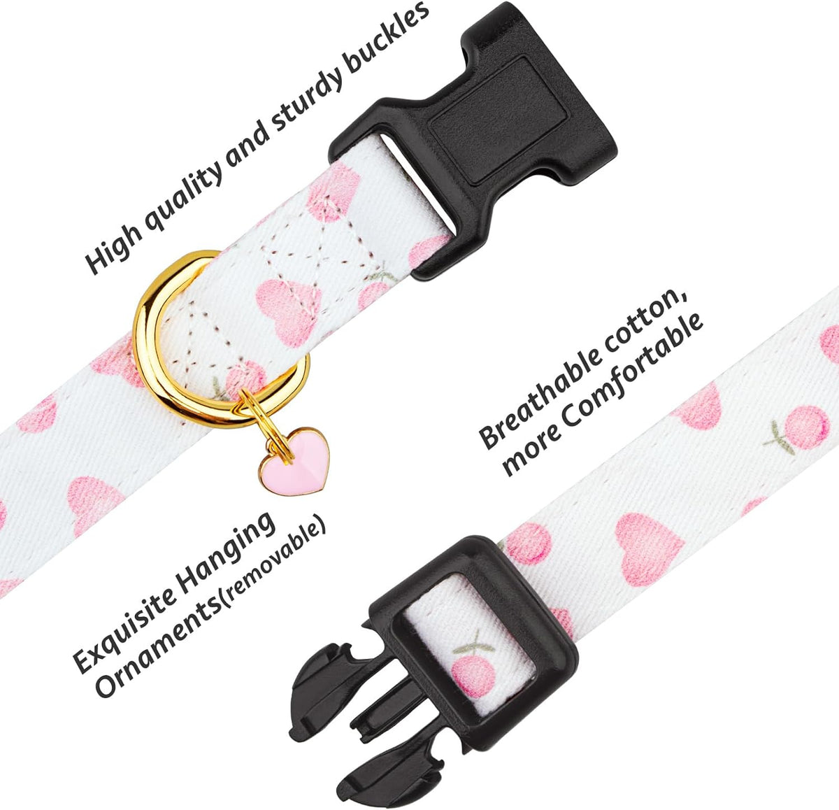 Close up of pink heart pattern on white handmade cotton dog collar
