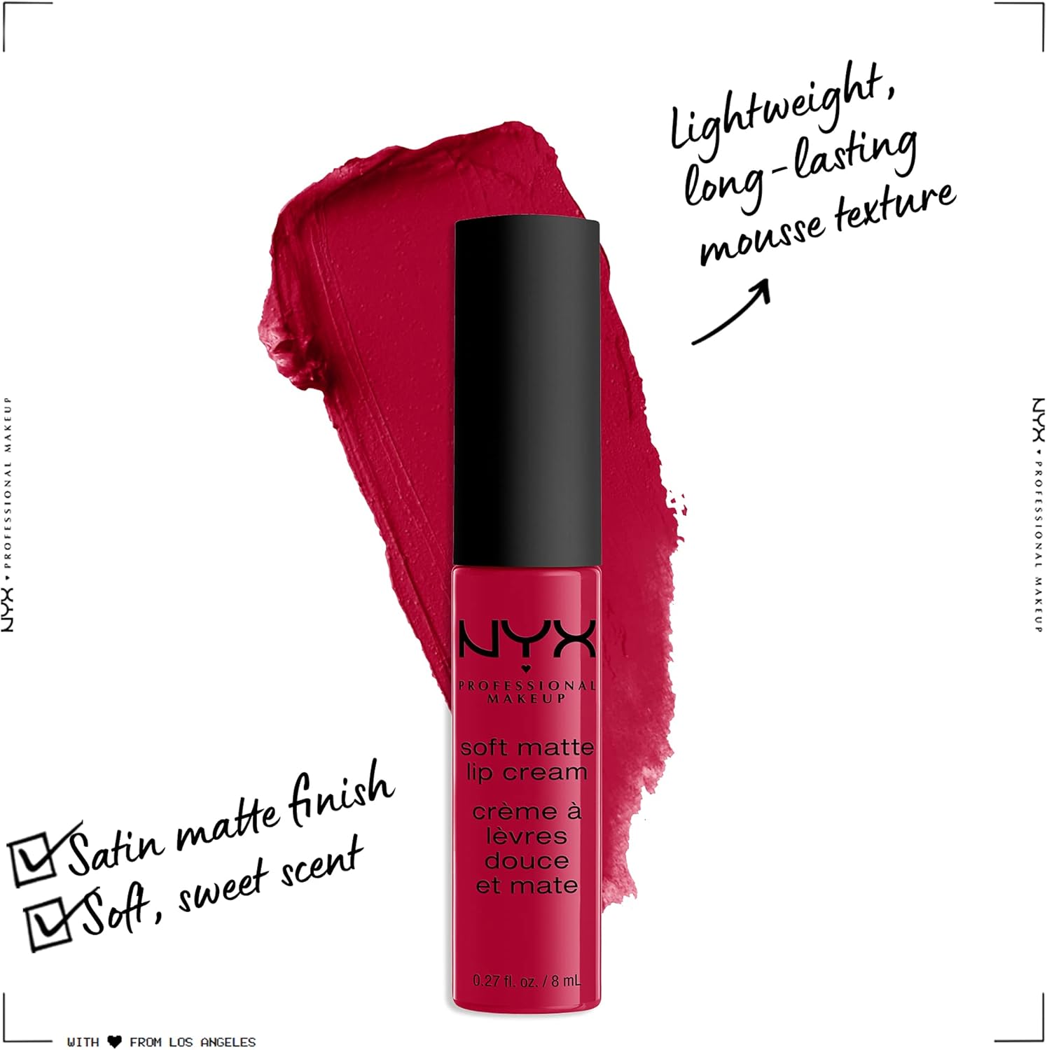 NYX liquid lipstick in Monte Carlo shade deep cranberry red side profile showcasing the packaging